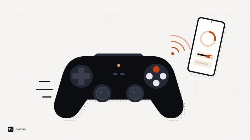Flat illustration of a black game controller with motion lines, sending pairing waves to a phone held at an angle