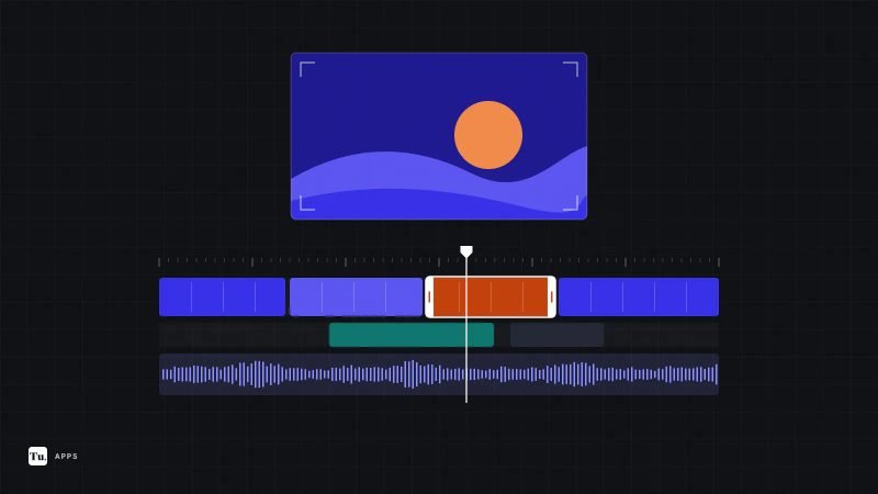 Flat illustration of a video preview of a sunset over hills above a multi-track editing timeline with clips and a waveform