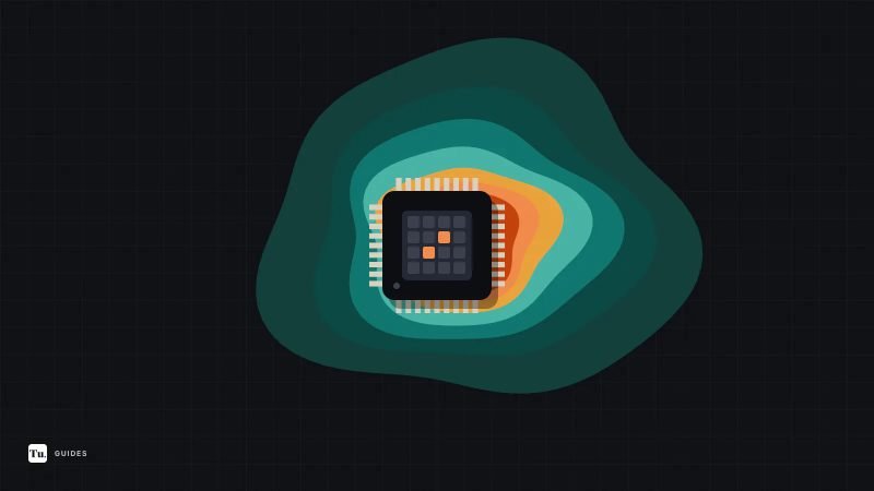 Flat illustration of a processor chip on dark ground surrounded by layered heat bands from orange near the chip to teal