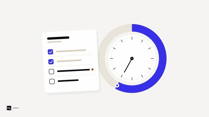 Flat illustration of a checklist card with two items ticked beside a large indigo timer ring and clock face