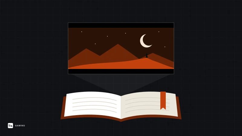 Flat illustration of an open book projecting a letterboxed night scene with a crescent moon, mountains and a lone figure