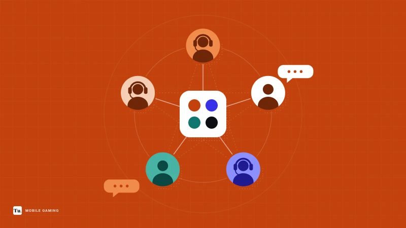 Flat illustration on orange of five player avatars, some wearing headsets, linked to a central lobby tile with chat bubbles