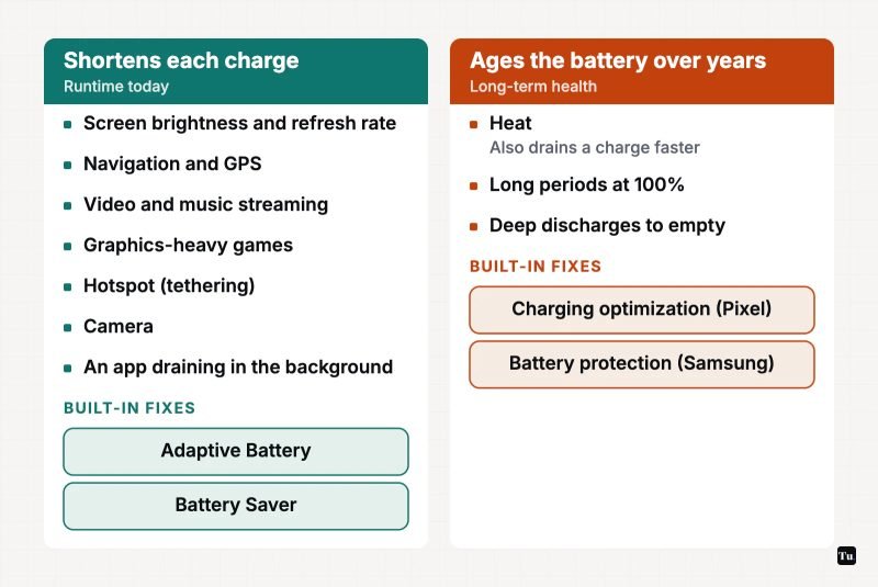 Two columns. Shortens each charge: screen brightness and refresh rate, navigation and GPS, streaming, graphics-heavy games, hotspot, camera, a draining background app; fixed by Adaptive Battery and Battery Saver. Ages the battery: heat, long periods at 100%, deep discharges; fixed by Charging optimi
