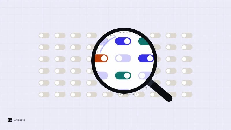 Flat illustration of a magnifying glass over a grid of grey switches, revealing switched-on colored toggles inside the lens