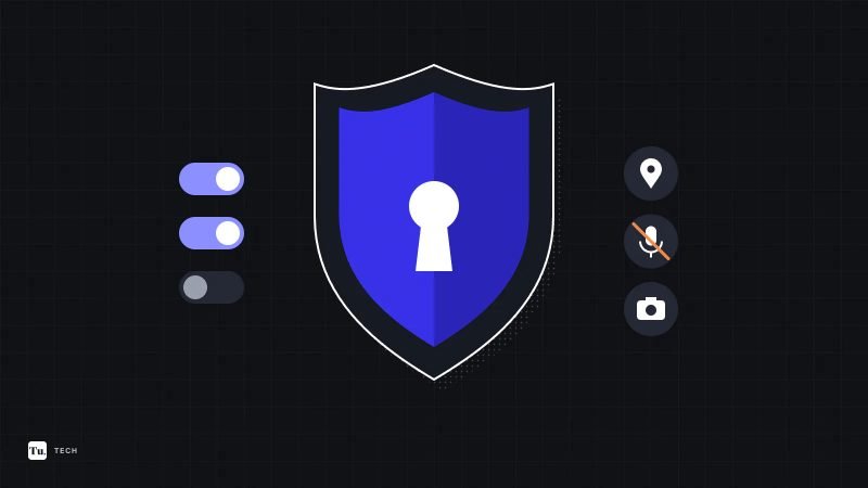 Flat illustration of an indigo shield with a keyhole between privacy toggles and location, microphone and camera badges